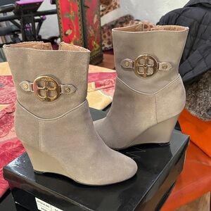 IMAN Taupe Wedge Ankle Boots